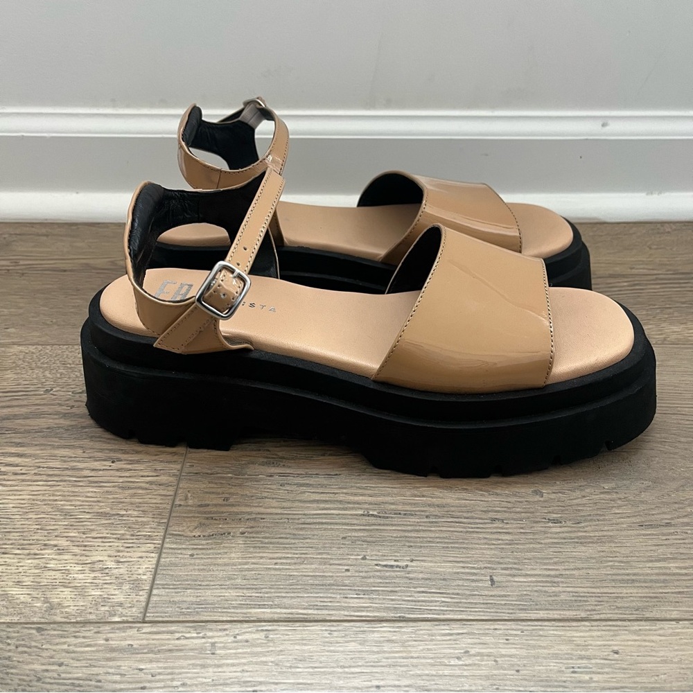 Miista Nude Beige Patent Platform Sandals with Black Sole